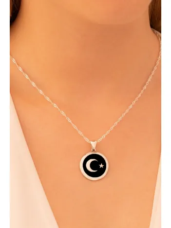 Kadın Gümüş Kolye - Türk Bayrağı Ay Yıldız Kadın Gümüş Kolye Zincir