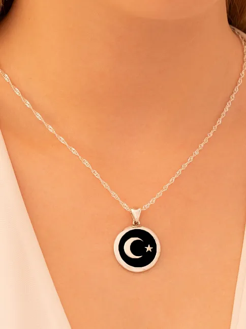 Kadın Gümüş Kolye - Türk Bayrağı Ay Yıldız Kadın Gümüş Kolye Zincir