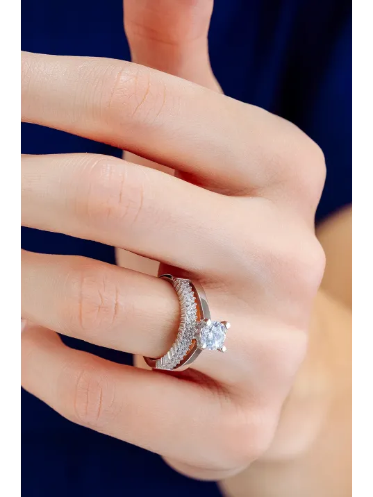 Kadın Gümüş Yüzük - İki Sıra Tektaş Zirkon Taşlı Kombin Kadın Gümüş Yüzük