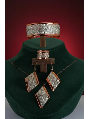Kadın Bakır Set - Beyaz Yıldız Tozu Kalın Model Bakır Kadın Kolye Bileklik Yüzük Küpe Set
