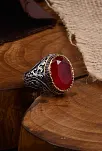 Yakut Garnet Taşlı Yanı Zirkon Taşlı Desenli Erkek Gümüş Yüzük
