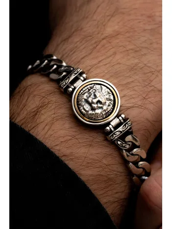 Erkek Gümüş Bileklik - Ortası Dönen Aslan Model Gurmet Zincir Gümüş Bileklik Künye