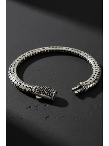 Erkek Gümüş Bileklik - Mezopotamya Oksitli Zirkon Taş Detaylı 925 Ayar Erkek Gümüş Bilezik