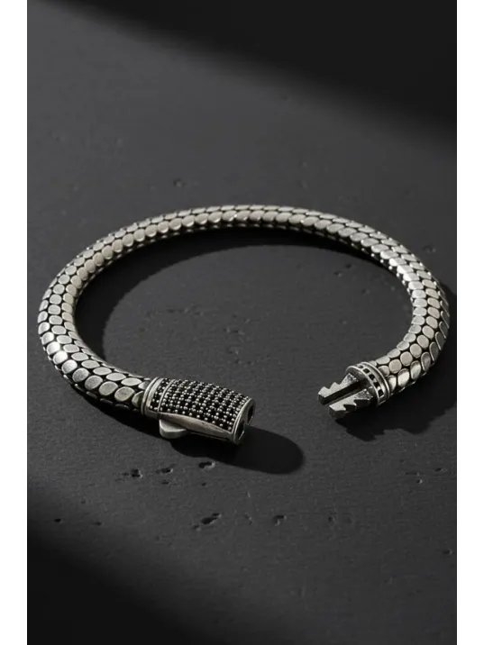 Erkek Gümüş Bileklik - Mezopotamya Oksitli Zirkon Taş Detaylı 925 Ayar Erkek Gümüş Bilezik