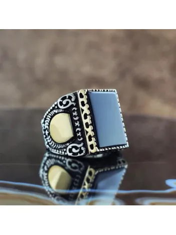 Düz Oniks Taşlı Erkek Gümüş Yüzük GYZGMSHGUMU