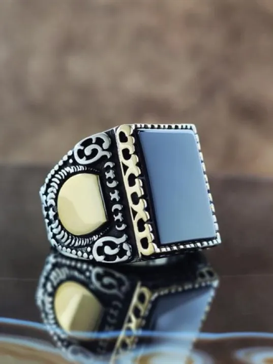 Düz Oniks Taşlı Erkek Gümüş Yüzük GYZGMSHGUMU