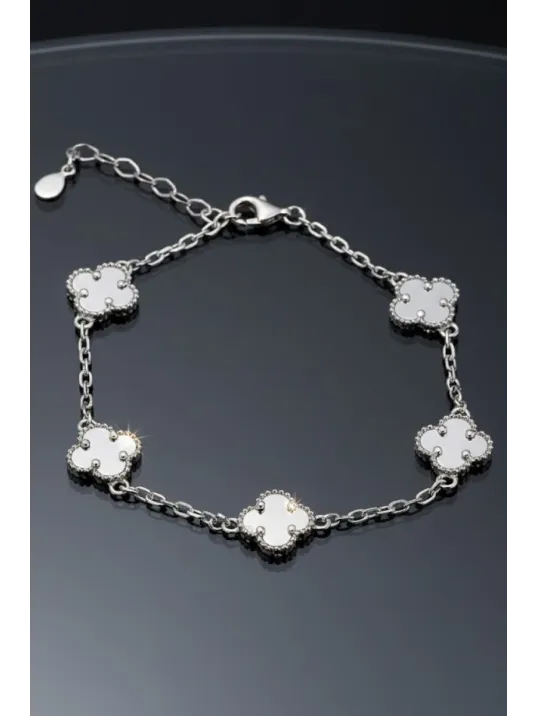 Erkek 925 Ayar Gümüş Beyaz Sedef Taşlı Yonca Model Zincir Bileklik