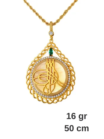Kadın Gümüş Kolye - Damla Model Zümrüt Taşlı Osmanlı Tuğrası Desenli 22 Ayar Altın Kaplama Kolye