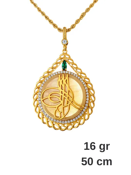 Kadın Gümüş Kolye - Damla Model Zümrüt Taşlı Osmanlı Tuğrası Desenli 22 Ayar Altın Kaplama Kolye