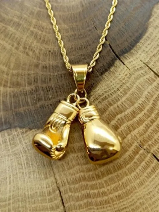 Altın Çift Çelik Boks Eldiveni Erkek Kolye Zincir Cklaltcboks