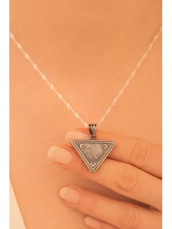 Gümüş Cevşen Muska Kadın Kolye Zincir Üç Hilal Tuğra Motifli