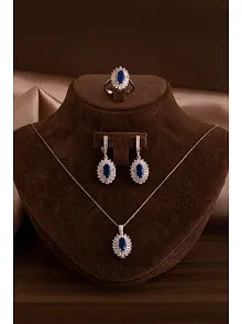 Kadın Gümüş Set - Mekik Model Safir Taşlı Baget Süslemeli Rodyumlu Kadın Set