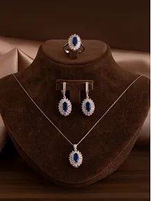 Kadın Gümüş Set - Mekik Model Safir Taşlı Baget Süslemeli Rodyumlu Kadın Set