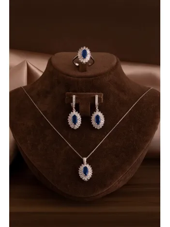 Kadın Gümüş Set - Mekik Model Safir Taşlı Baget Süslemeli Rodyumlu Kadın Set