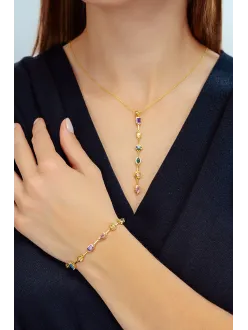 Kadın Renkli Taşlı Altın Kaplama Zarif 925 Ayar Gümüş Kolye Bileklik Set
