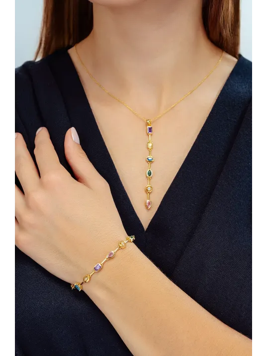 Kadın Renkli Taşlı Altın Kaplama Zarif 925 Ayar Gümüş Kolye Bileklik Set