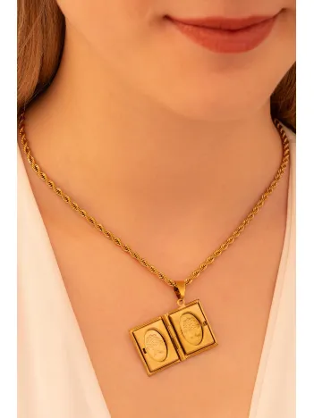 Kadın Çelik Kolye - Fotoğraf Koyulan Altın Kaplama Burma Halatlı Ağaç Desenli Kitap Model Kadın Kolye