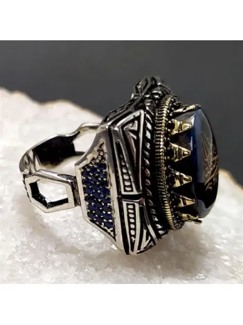 Hasbinallah Ve Nimel Vekil Yazılı Kehribar Taşlı Erkek Gümüş Yüzük