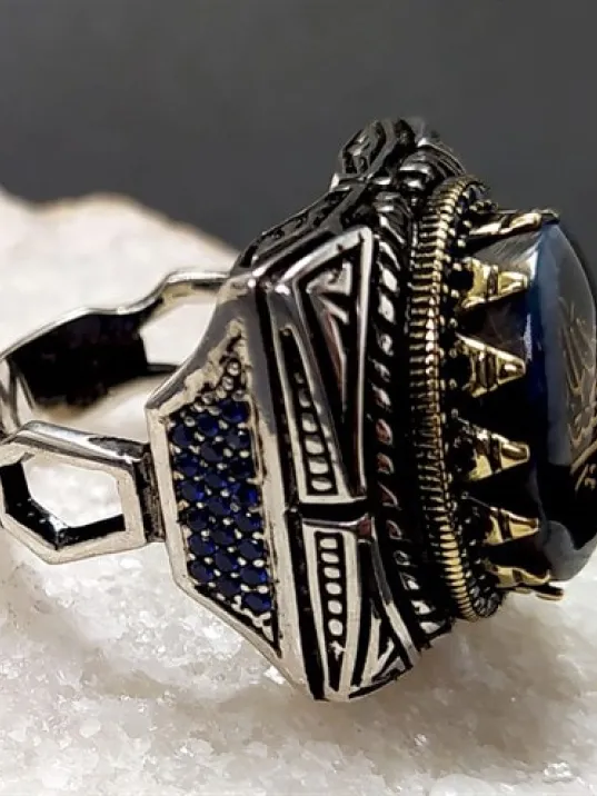 Hasbinallah Ve Nimel Vekil Yazılı Kehribar Taşlı Erkek Gümüş Yüzük