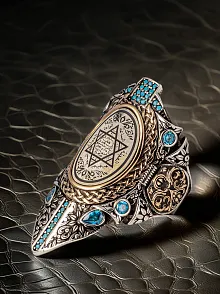 Erkek Süleyman Mührü Turkuaz Zirkon Taşlı Yaldız Model 925 Ayar Gümüş Yüzük Zihgir Model