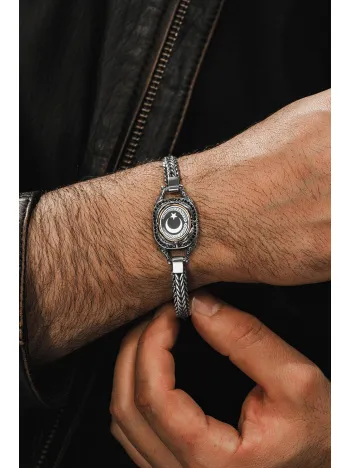 Erkek Gümüş Bileklik - Ay Yıldız Desenli Tilki Kuyruğu Zincirli 925 Ayar Erkek Bileklik