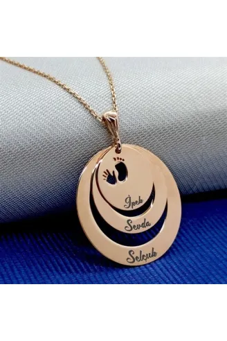 Kişiye Özel 3 İsimli Ayak İzi Bayan Rose Renk Gümüş Kolye