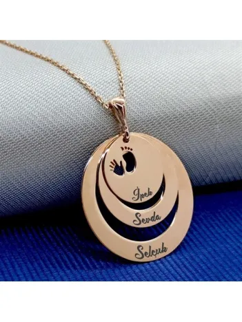 Kişiye Özel 3 İsimli Ayak İzi Bayan Rose Renk Gümüş Kolye