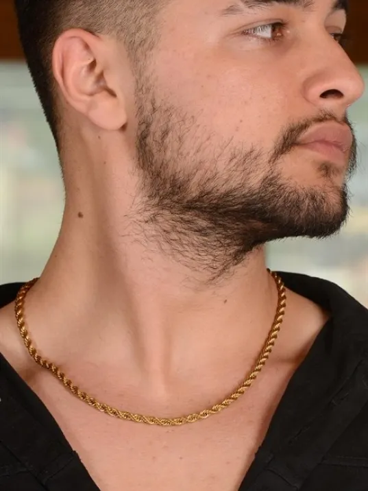 Altın Rengi 5mm Burma Halat Erkek Çelik Kolye Zincir CKLBURGUALT-ALT