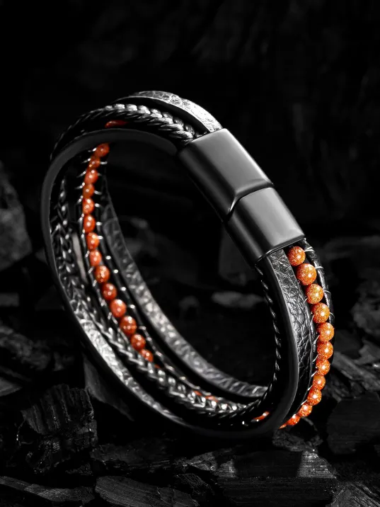 Erkek Deri Bileklik - Doğal Yıldız Taşı Çoklu Retro Paslanmaz Deri Örgü Kordon Bileklik