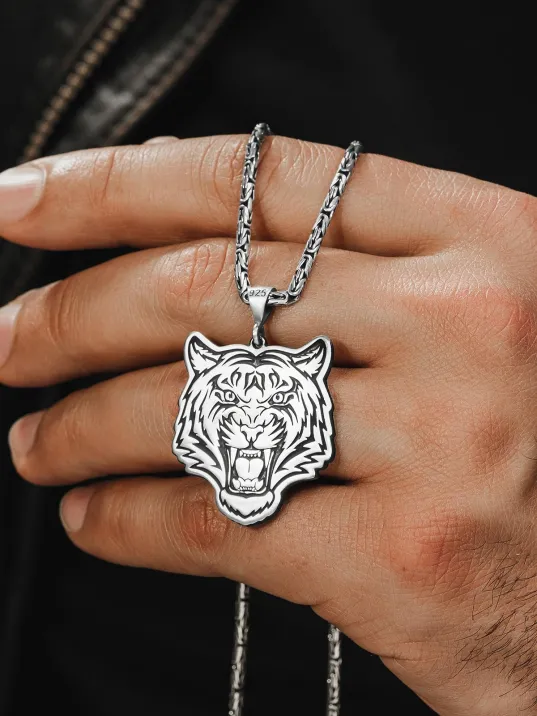 Erkek Gümüş Kolye - Kaplan İşlemeli Kral Zincirli Erkek Kolye