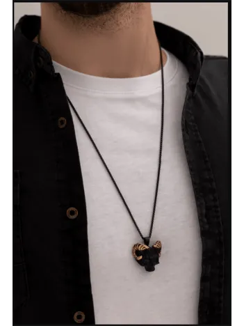 Erkek Kolye - Gotik Boynuzlu Kurukafa Model Erkek Çelik Kolye - 316 L Paslanmaz Çelik