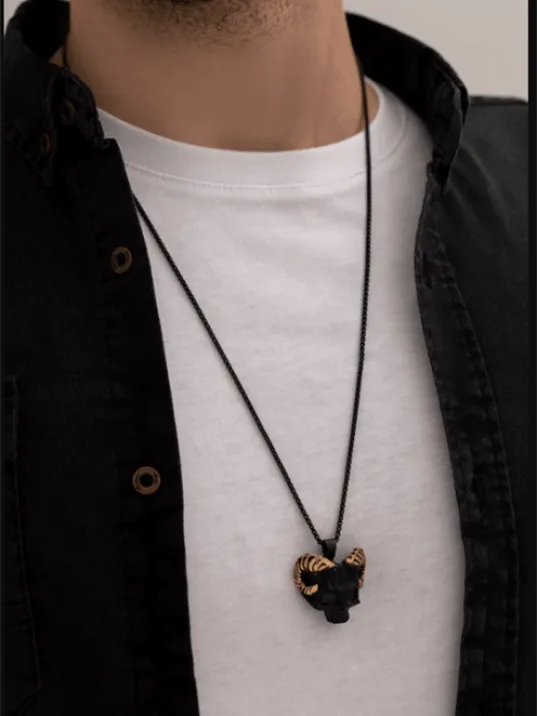 Erkek Kolye - Gotik Boynuzlu Kurukafa Model Erkek Çelik Kolye - 316 L Paslanmaz Çelik