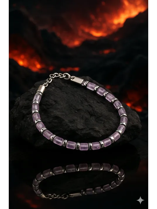 Erkek Çelik Bileklik - Mor Ametist Taşlı Çelik Bileklik