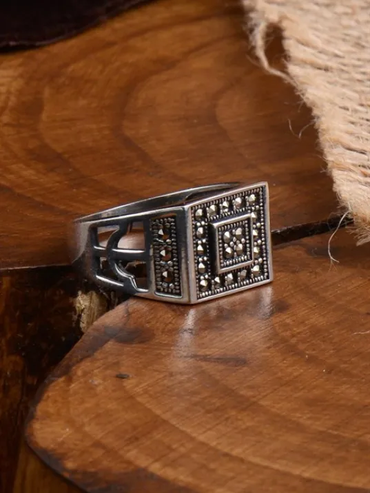 Markazit Kare Model Taşlı Erkek Gümüş Yüzük