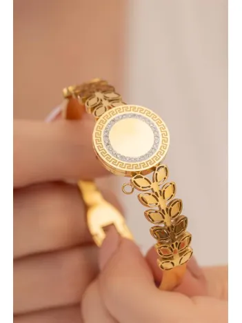 Kadın Bileklik-22 Ayar Gerçek Altın Kaplama(kararmaz) Çelik Kadın Kelepçe-Boncuklu Başak Model