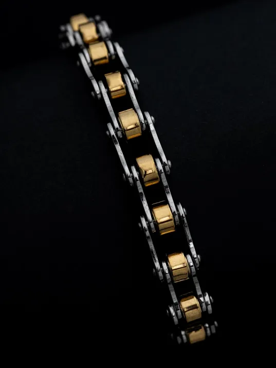 Erkek Çelik Bileklik - Motosiklet Bisiklet Zinciri Sarı Beyaz Model Erkek Çelik Bileklik Ince Model