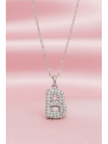 Kadın Gümüş Kolye - 925 Ayar Zirkon Taşlı Balon B Harfi Bayan Kolye