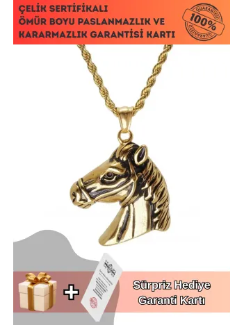At Kafası Çelik Erkek Kolye Zincir Altın Rengi