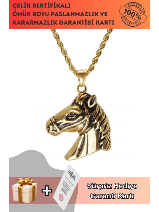 At Kafası Çelik Erkek Kolye Zincir Altın Rengi