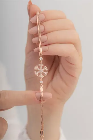 Kadın Gümüş Bileklik - Kar Tanesi Gümüş Bileklik Zirkon Taşlı Rose