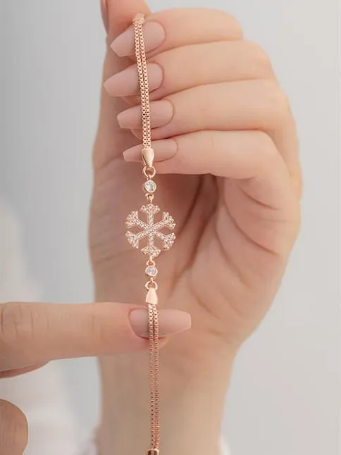 Kadın Gümüş Bileklik - Kar Tanesi Gümüş Bileklik Zirkon Taşlı Rose