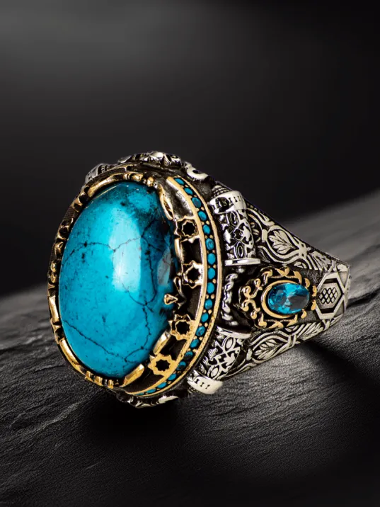 Erkek Oval Firuze Turkuaz Taşı Yanı Mavi Zirkon Taşı Şık Tasarım 925 Ayar Gümüş Yüzük