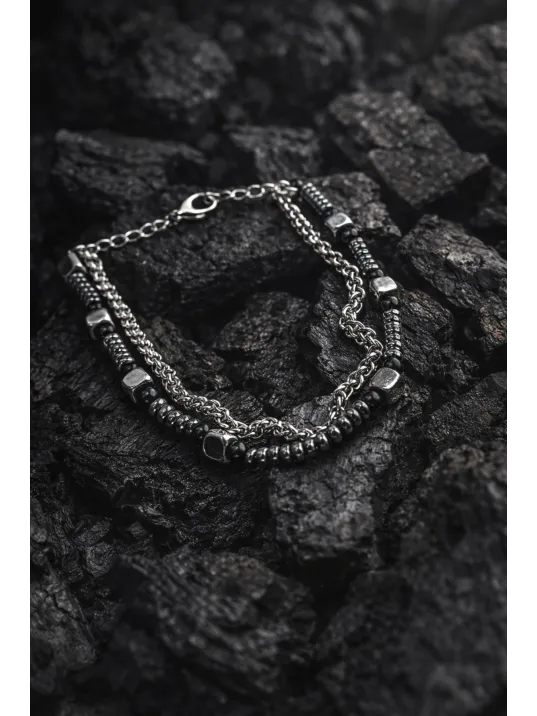 Erkek Çelik Bileklik - Çift Sıra Model 2 Yuvarlak Kral Zincir Doğal Hematit Taşlı Bileklik