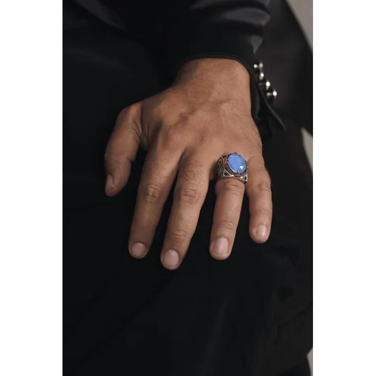 Paraiba Taşlı Yanları Zirkon Taş Süslü 925 Ayar Gümüş Erkek Yüzük GYZAQUAMRIN-MAV Paraiba Taşlı Yanları Zirkon Taş Süslü 925 Ayar Gümüş Erkek Yüzük GYZAQUAMRIN-MAV