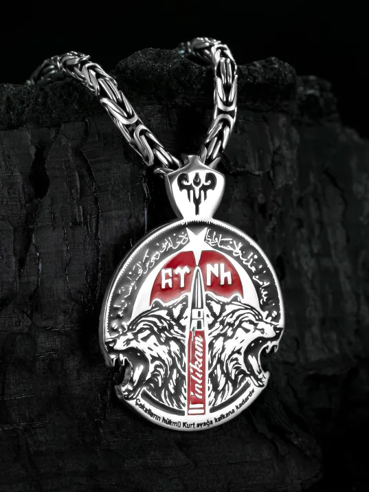 Erkek Gümüş Kolye - İntikam Yemini İşlemeli Bozkurt Model Kral Zincirli Erkek Kolye