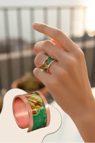 Kadın Bakır Yüzük - Ester Model Özel Baskı Metal Kutu Ve Kuvars Taşı