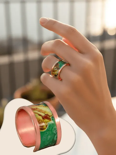Kadın Bakır Yüzük - Ester Model Özel Baskı Metal Kutu Ve Kuvars Taşı