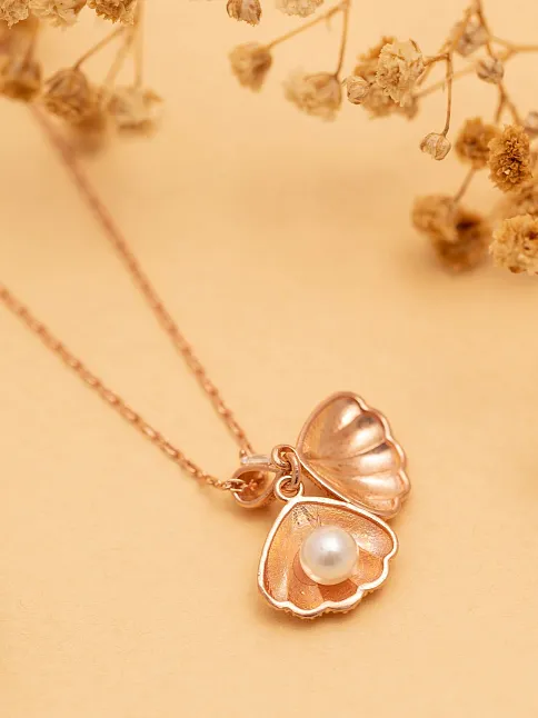 Kadın Gümüş Kolye - Rose Altın Kaplama İncili İstiridye Gümüş Kolye