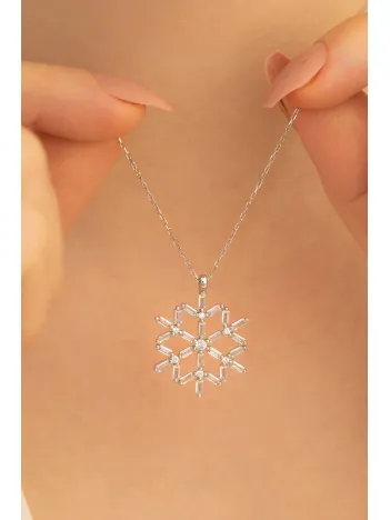 Kadın Gümüş Kolye - Kadın Baget Taşlı Kar Tanesi Gümüş Kolye