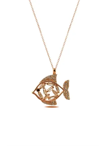 Rose Renkli Taşlı Balık Gümüş Kolye Zincir GKLBEYBALIK-GMS